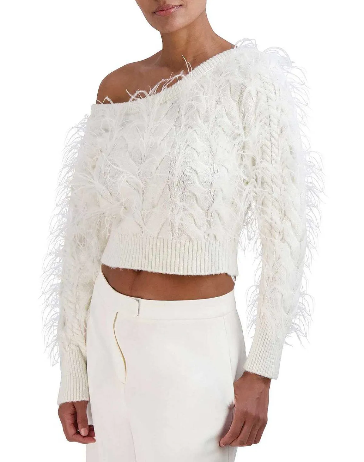 Hot Crop Asymmetric Sweater Pullover With Plumas Women Sweaters