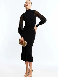 Clearance Cuello High Black Sleeve Midi Dress Women Casual