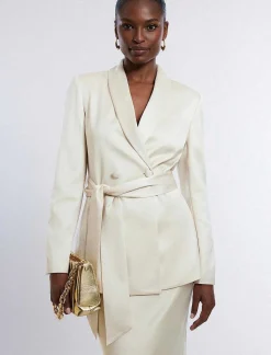 Flash Sale Satin Smocking Blazer Lazo On Waist Women Outerwear