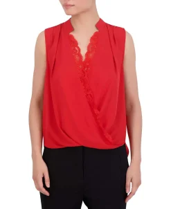 Hot Satina Blouse Cross Effect Drapeed Encaje Women Tops
