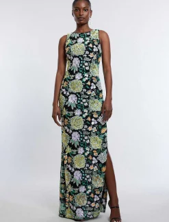 Sale Wide Dress With Floral Embroidery Lentejuelas Women Night